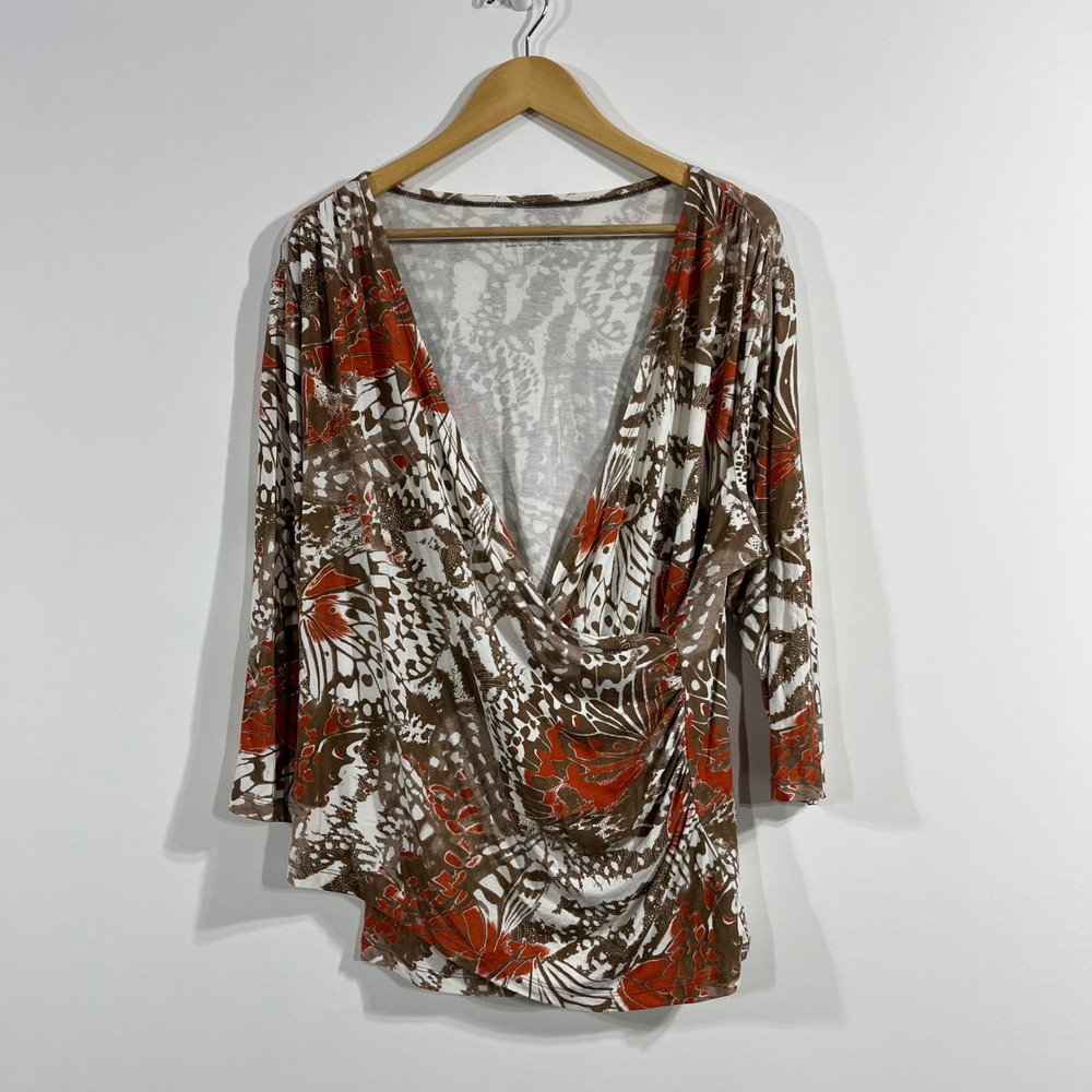 Coldwater Creek Boho Butterfly Print Faux Wrap Top Brown Womens 1x Resort‎ Flowy
